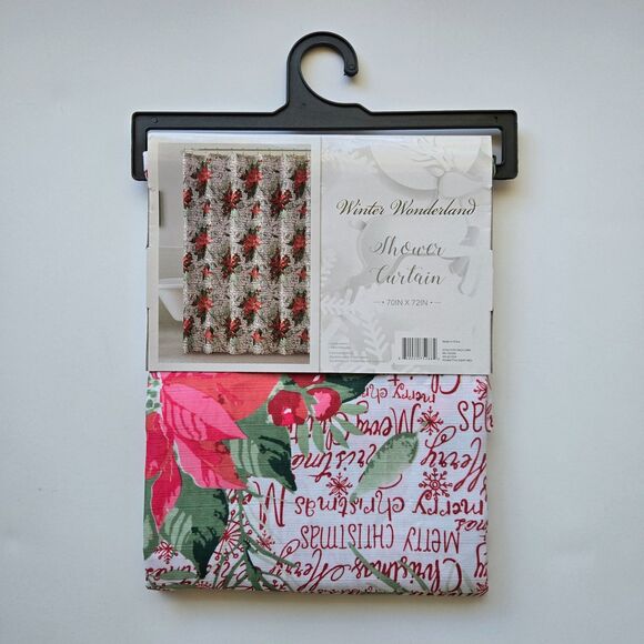Merry Christmas Shower Curtain 70 x 72 Poinsettias Winter Wonderland - Picture 3 of 6